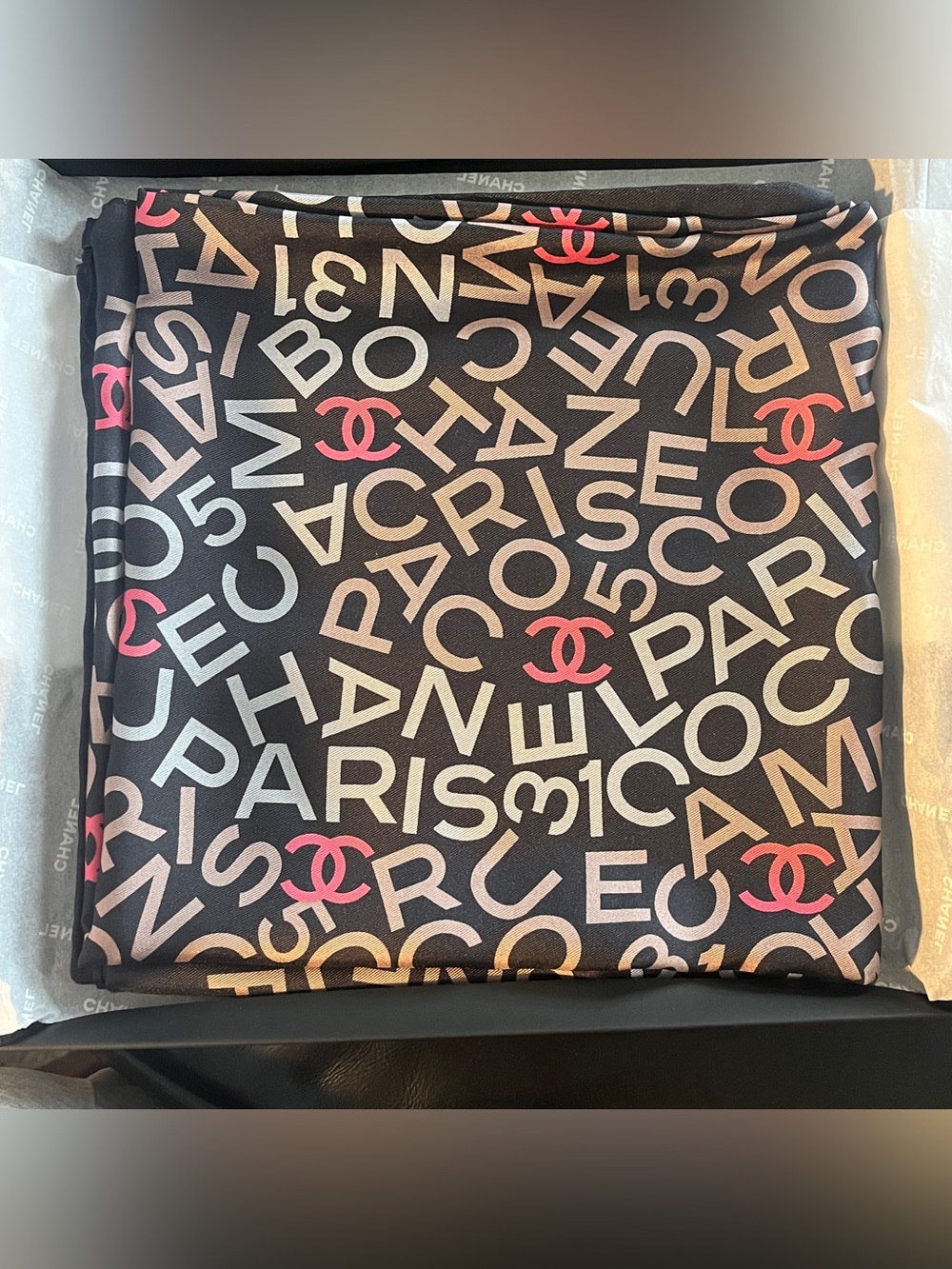 NWT Chanel reversible Alphabet Typography Silk Square Scarf 90cm w/box n ribbon